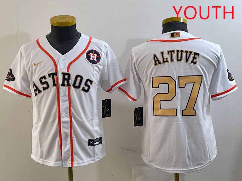 Youth Houston Astros 27 Altuve White Gold Game 2025 Nike MLB Jersey style 3